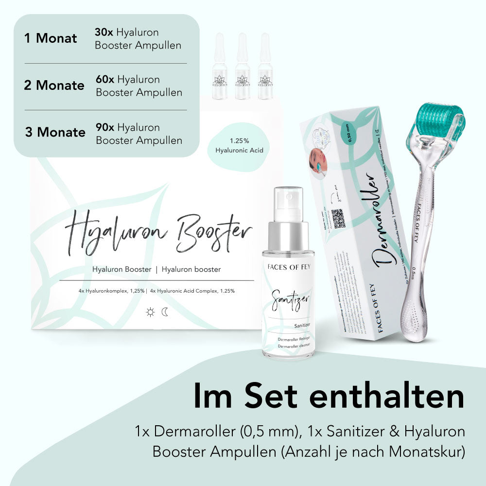 Im Set enthalten: 1x Dermaroller 0,50mm, 1x Sanitizer, Hyaluron Booster Ampullen (Anzahl je nach Monatskur)