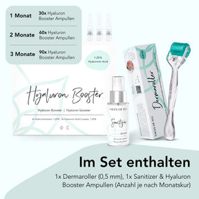 Im Set enthalten: 1x Dermaroller 0,50mm, 1x Sanitizer, Hyaluron Booster Ampullen (Anzahl je nach Monatskur)