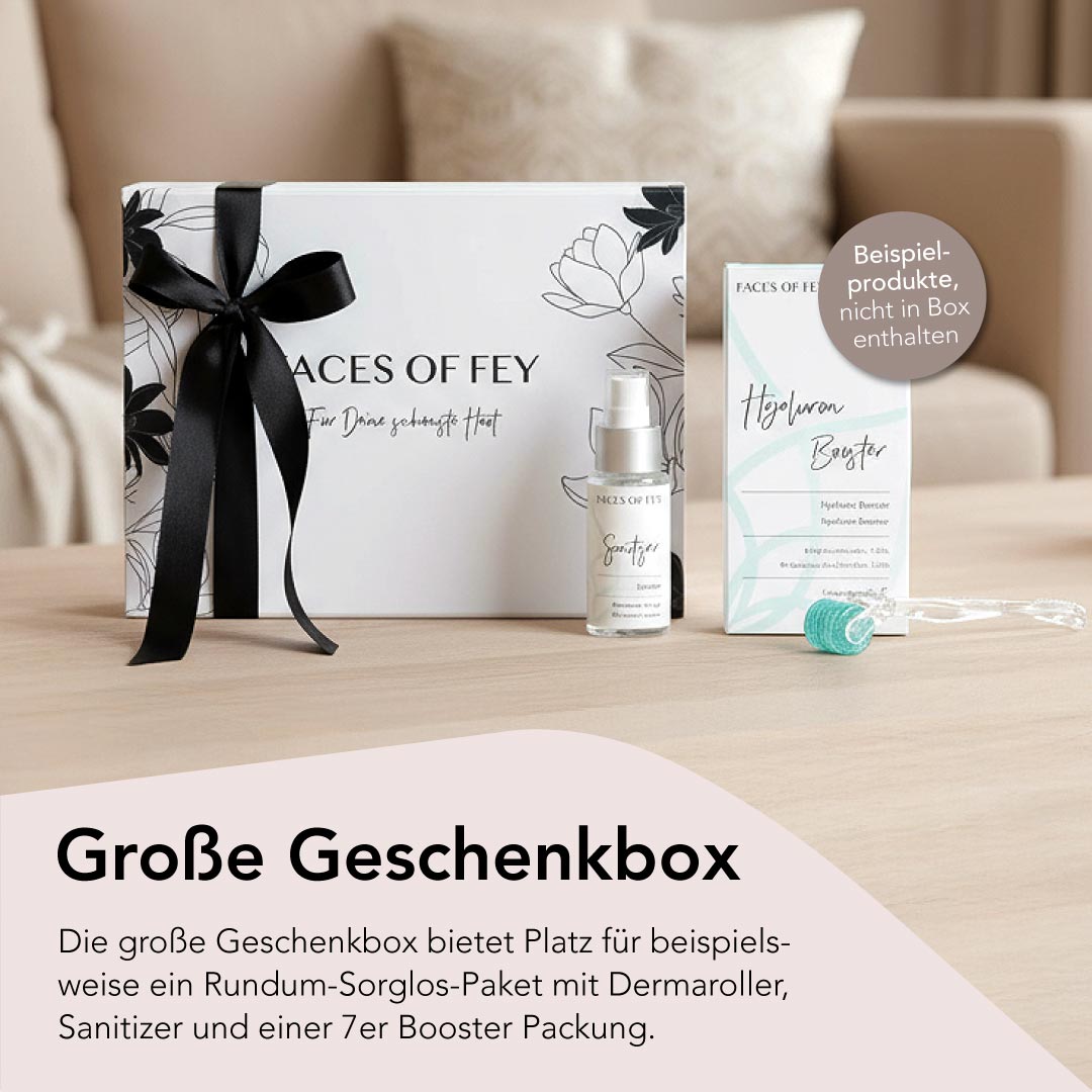 Die große Geschenkbox bietet Platz für beispielsweise einen Dermaroller, Sanitizer und einer 7er Booster Packung