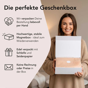 Vorteile der Geschenkboxen: liebevoll verpackt, hochwertige Magnetbox, edel verpackt mit Schleife und Seidenpapier, keine Rechnung oder Preise in der Box
